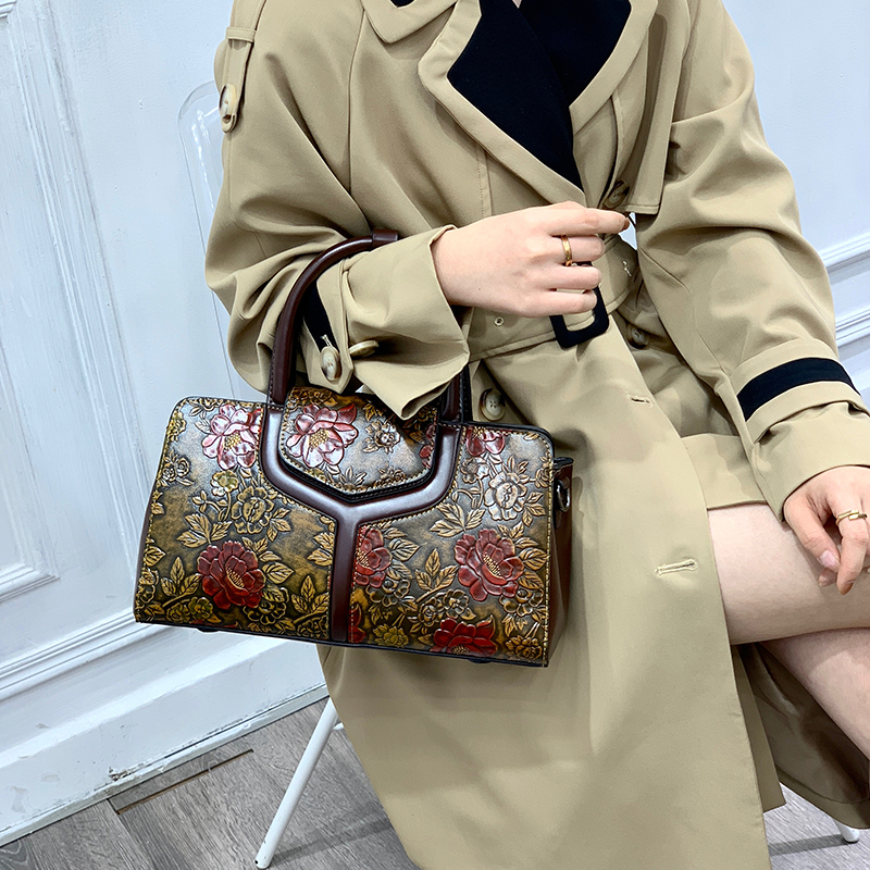 Luxury Bags Vegan Leather - Vintage Floral Embossed Boston Bag Women