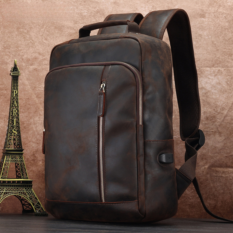 Genuine Leather Backpack - Leather double-shoulder backpack, 15.6-inch laptop bag,