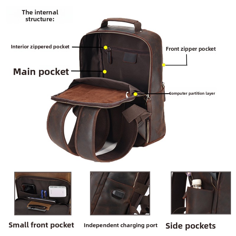 Leather double-shoulder backpa - Genuine Leather Backpack บทวิจารณ์และราคา
